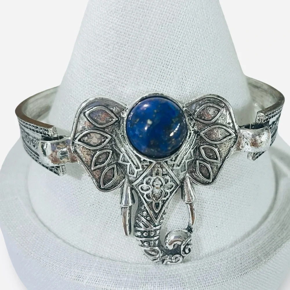 Elephant Cuff Bracelet with Lapis Colored Stone
